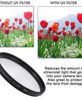 Comparison of tulip images with and without 52mm lens UV filter, showing glare reduction. 52mm Lens Filter Kit Bundle Pro With UV CPL FLD Filters And Travel Case For Cameras Universal 52mm Gear Heat Treated Multi Coated Glass To Cut Glare Keep Dust Off Protect Your Lens From Scratches And Fingerprints.