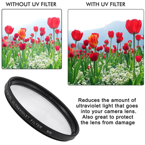 Comparison of tulip images with and without 52mm lens UV filter, showing glare reduction. 52mm Lens Filter Kit Bundle Pro With UV CPL FLD Filters And Travel Case For Cameras Universal 52mm Gear Heat Treated Multi Coated Glass To Cut Glare Keep Dust Off Protect Your Lens From Scratches And Fingerprints.
