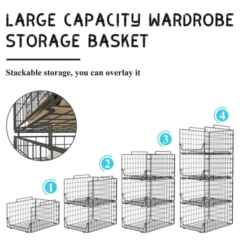 Stackable Closet Organizer Bins 4 Pack For Wardrobe And Laundry Room, shown in a stack with detailed view, sturdy metal, black.