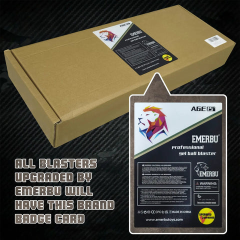 Brand badge card for Emerbu professional gel ball blaster on a cardboard box packaging.