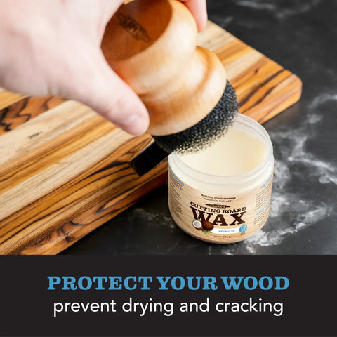 Hand applying Cutting Board Care Kit With Coconut Oil And Wax For Wood Surfaces Kitchen Countertops Butcher Blocks And Utensils