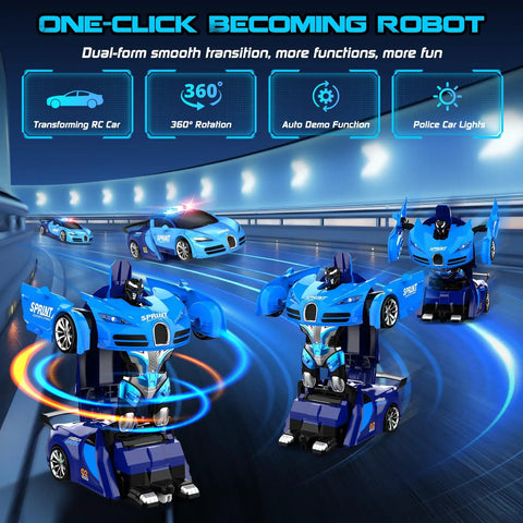 Remote Control Car Transforming Robot Toy For Boys With OneClick Demo Dope 360 Degree Rotation Smooth Deformation LED Lights 2.4GHz RC Vehicle For Kids Easy To Use Perfect Christmas Gift in action mode on a track