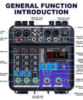 Top view of Powerful 150W X2 Gig-Ready Powered Mixer with 4 Channels, Bluetooth, USB MP3 Playback showing controls and inputs