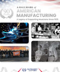 Collage celebrating 90 years of American manufacturing for music stands, showing welding, past factory work, and community support.