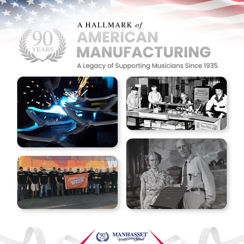 Collage celebrating 90 years of American manufacturing for music stands, showing welding, past factory work, and community support.