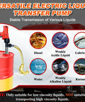 Tough As Nails 2480W Electric Fuel Transfer Pump For Diesel And Motor Oil showing versatile liquid transmission from a red barrel.