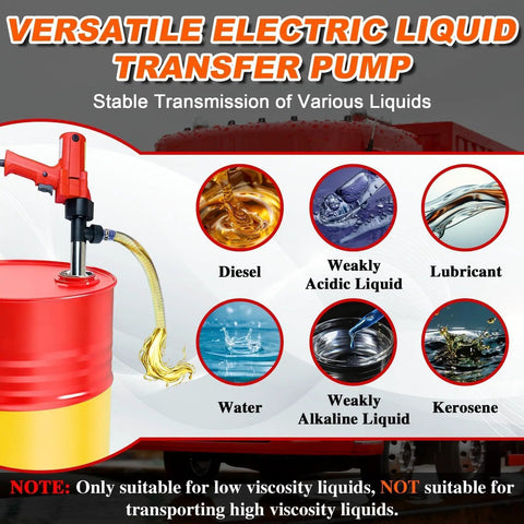 Tough As Nails 2480W Electric Fuel Transfer Pump For Diesel And Motor Oil showing versatile liquid transmission from a red barrel.