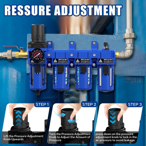 All In One Half Inch NPT Air Filter Regulator Lubricator Combo With Brass Cartridge Oil Water Separator Double Desiccant 0-150 PSI Gauge shown