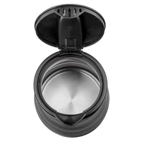 Top view of On The Go 0.85 Quart Collapsible Kettle With Dual Voltage Hidden Heating Element Black Finish Ultra Portable Travel Cup For Dorms Hotels Camping And More
