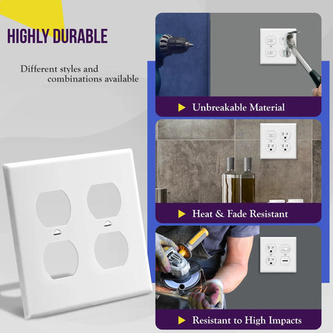 2-Gang Duplex Receptacle Wall Plate In White, Built Tough Polycarbonate Thermoplastic, Impact And Heat Resistant
