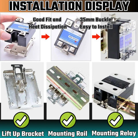 35Mm DIN Rail Mount Kit With Clamp And Screws For Solid State Relays installation display showing assembly steps and components