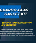 Front view of Grapho-Glas Gasket Kit packaging; blue banner, graphite-impregnated braided fiberglass rope gasket, 3/4 in x 7 ft