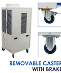 Heavy-Duty Industrial Spot Cooler With Rollin' Brake Wheels, showing removable casters and brake system for easy mobility.