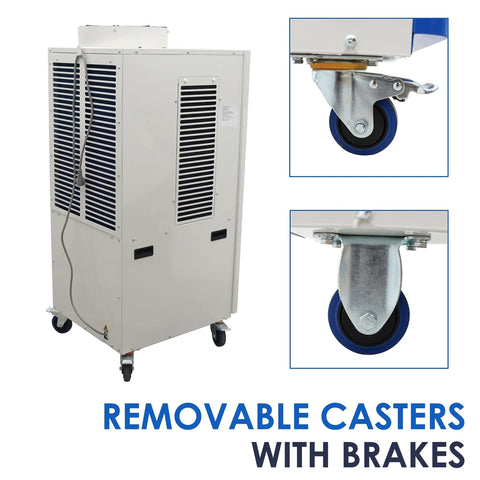 Heavy-Duty Industrial Spot Cooler With Rollin' Brake Wheels, showing removable casters and brake system for easy mobility.