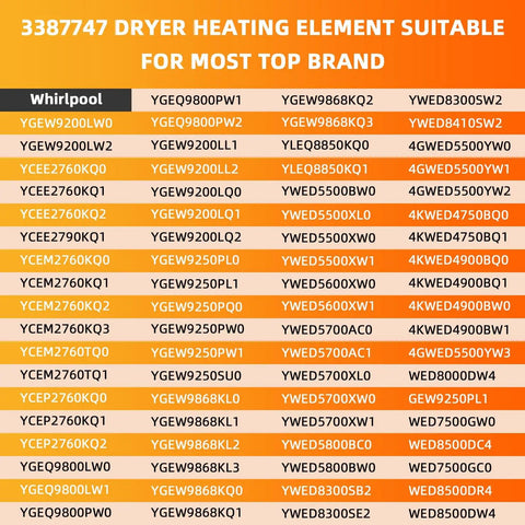 3387747 dryer heating element model compatibility chart for Whirlpool Kenmore Maytag dryers 3387747 replaces AP6008281