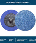 Benchmark Abrasives 2-inch Zirconia sanding discs, quick-change R-type backing, blue, two discs.