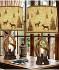 Rustic Farmhouse Antler Table Lamp Set Of 2 With Nightlight And Dual USB Ports, Linen Round Shade Bedside Lamps on a wooden table