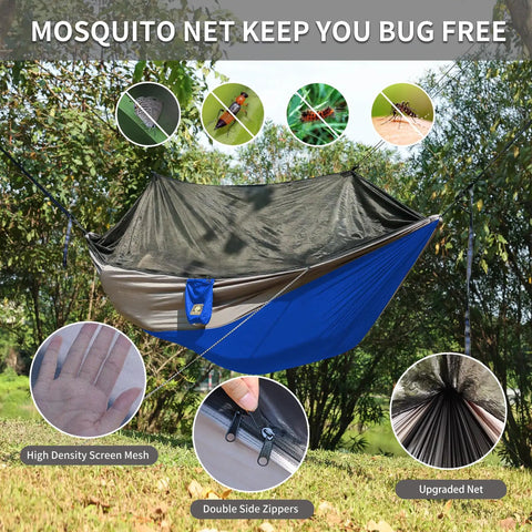 Camping Hammock With Mosquito Net For Outdoor Travel Portable Lightweight Parachute Nylon Hammock With Tree Straps And D Shape Carabiners Breathable Mesh Net Backpacking Ready For Beach Backyard Patio Hiking, shown installed among trees.