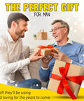 Two smiling men exchanging a gift wrapped with a red ribbon, with 'The Perfect Gift for Man' text overlay.