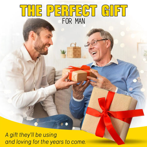 Two smiling men exchanging a gift wrapped with a red ribbon, with 'The Perfect Gift for Man' text overlay.