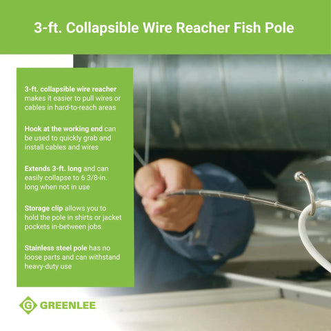 Hand using collapsible three foot cable grabbing and reaching fish pole for easy wire pulling in hard to reach spots up to three quarters of an inch diameter