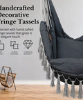 Grey Macrame Hammock Chair with Cushions for Indoor Use, Large, with Fringe Tassels