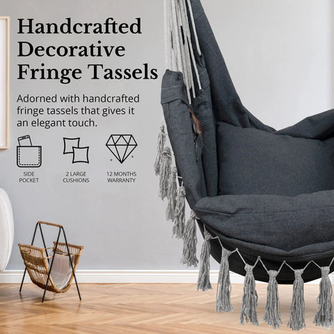 Grey Macrame Hammock Chair with Cushions for Indoor Use, Large, with Fringe Tassels