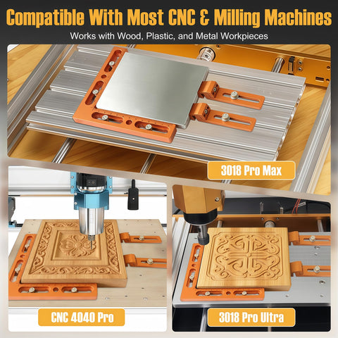 Aluminum Alloy CNC Positioning Side Clamps Kit For 3018 And 4040 Router in use with carved wood on CNC platforms