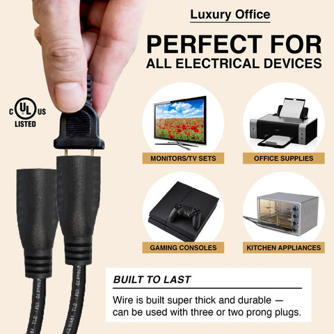Hand holding Two Way Power Splitter And Three Foot Y Style Extension Cord One Pack Converts One Outlet Into Two With Separate Cables