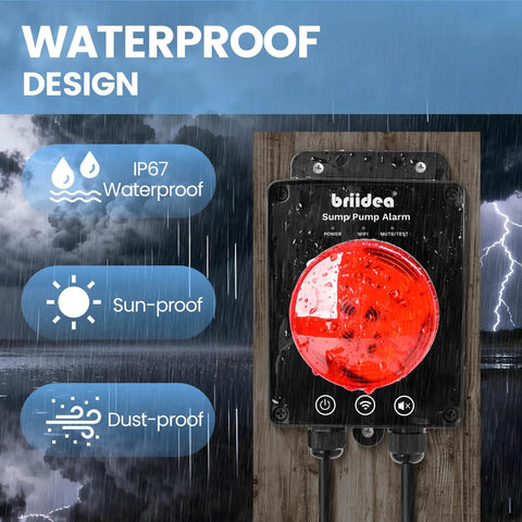 Smart WiFi Sump Pump Alarm With Real Time App Alerts, Indoor Outdoor Water Level Monitor, IP67 Waterproof, 110dB Alarm And LED Indicator, GeniLife App Notifications, Ideal For Basements And Septic Sump Systems installed on wood board in rain