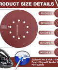 Pro Level 9 Inch 10 Hole Hook And Loop Sanding Discs Set With Free Foam Sponge shows size details and grit count for drywall sanding.