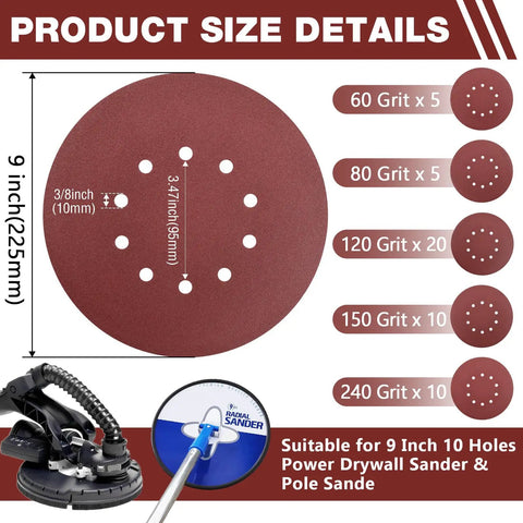 Pro Level 9 Inch 10 Hole Hook And Loop Sanding Discs Set With Free Foam Sponge shows size details and grit count for drywall sanding.