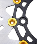 Close-up of Drop In 300Mm Front Brake Disc Rotor With Stainless Steel Floating Design and Wavy Cooling Ribs, featuring CNC aluminum hub in gold.