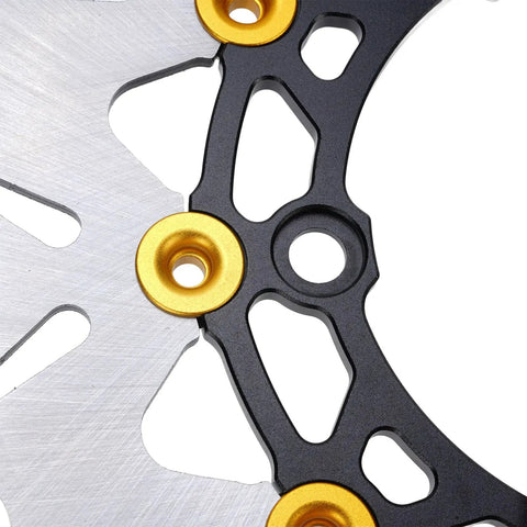 Close-up of Drop In 300Mm Front Brake Disc Rotor With Stainless Steel Floating Design and Wavy Cooling Ribs, featuring CNC aluminum hub in gold.