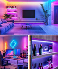 Living room and home office setup with Color Changing LED Strip Light Kit With Three Dope Pre Cut 12 Inch Segments 36 Inches Total Flexible 5050 LED Lights Includes RF Remote Power Supply And Connectors For TV Room Decor And DIY Lighting.