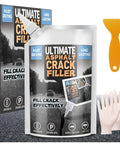 Packaging and tools of 3.3 Lb Self Leveling Asphalt Crack Filler For Driveways And Roads with included scraper and gloves.