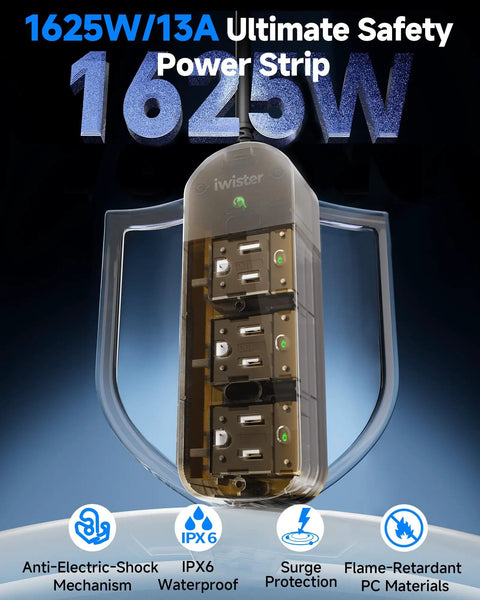 Outdoor Weatherproof Power Strip With 3 Outlets, 5 Foot Cord, 1625W High Power, Anti Shock Safety, IPX6 Waterproof feature