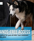 Husky walking through Magnetic Screen Door For French And Sliding Doors, Heavy-Duty Hands-Free Fiberglass Mesh, Black Trim, 72x82