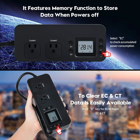 Two Outlet Electricity Usage Monitor With Power Consumption Meter For Watts Volts And Amps Dual Device Energy Saver Independent Readouts For Each Plug Easy Home Energy Tracker And Analyzer