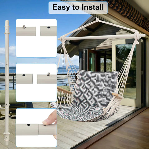 Upgraded Hammock Chair With Wooden Armrests And Steel Spreader Bar, Anti Slip Rings, Full Hanging Kit Included, Cotton Woven Fabric, Installed on Patio