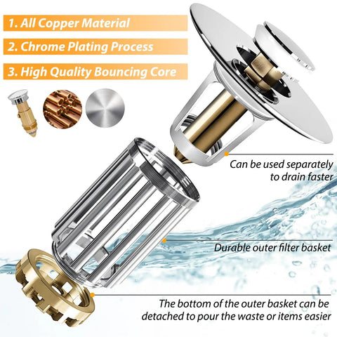 Killer Two Pack Bathroom Sink Drain Strainer Featuring Detachable Brass Hair Catcher Basket Dual Layer Pop Up Stopper Universal Fit For 1.06 To 1.6 Inch Drains Rock Solid Chrome Finish