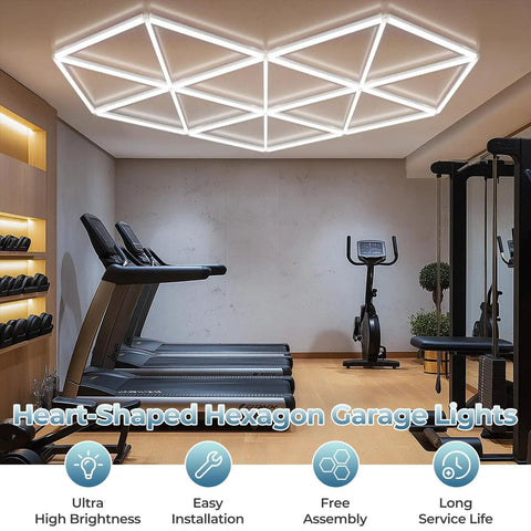 Hexagon Garage LED Light Panels Pack Of 27, 6500K Daylight, 18,720 Lumens, installed in a gym room showcasing shadow-free illumination