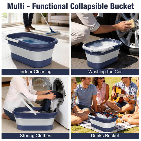 Portable Collapsible Mop Bucket With Handle For Car Washes And Laundry used for cleaning, washing car, storing clothes, and outdoor use