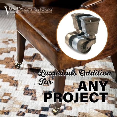 Top Notch Solid Brass Furniture Casters Featuring Vintage Round Cup Design And Slick Swivel Action For Heavy Duty Glide and smooth home upgrade projects on brown chair.