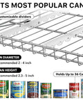 Solid As Rocks 3 Tier Stackable Can Organizer Rack Holds 36 Cans Chrome metal frame with customizable dividers and recommended can sizes.