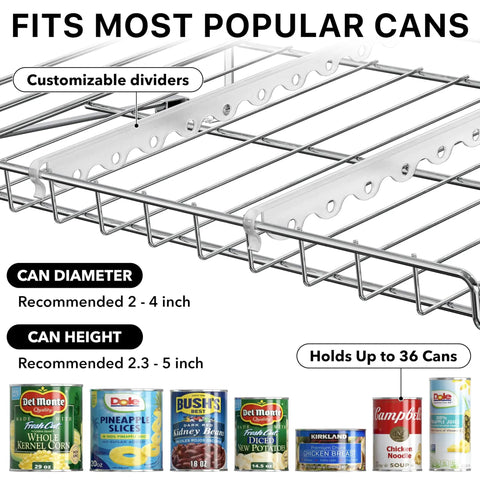 Solid As Rocks 3 Tier Stackable Can Organizer Rack Holds 36 Cans Chrome metal frame with customizable dividers and recommended can sizes.