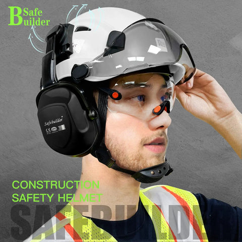 Construction Safety Helmet With Clear And Tinted Visors Earmuffs Hearing Protection White Industrial Hard Hat For Engineers