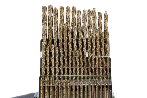 60 Piece M35 Cobalt Drill Bit Set For Metalworking Tough As Nails Bits For Stainless Steel And Hard Alloys With Gold Oxide Finish Includes Size Range 1 Through 60 For Precise Holes displayed in metal case