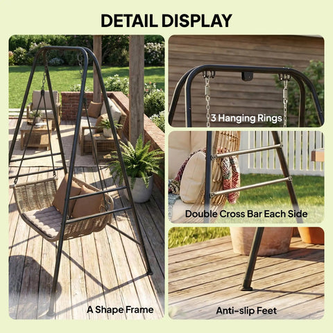 Heavy Duty Free Standing Hammock Chair Stand With Anti Slip Foot Pads And Two Carabiners For Indoor And Outdoor Kick Back Relaxation Sturdy Four Side And Rear Crossbar Frame Supports Up To 330 Pounds Black with A-shape frame and anti-slip feet in garden setting.