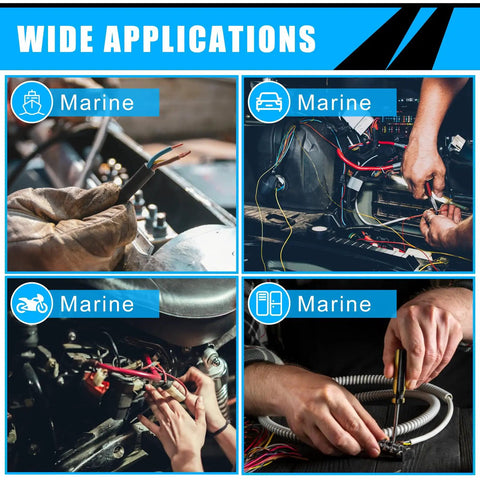 Image showing wide applications of the Pro Grade 450 Piece Solder Stick Wire Connectors Kit for marine and vehicle wiring.